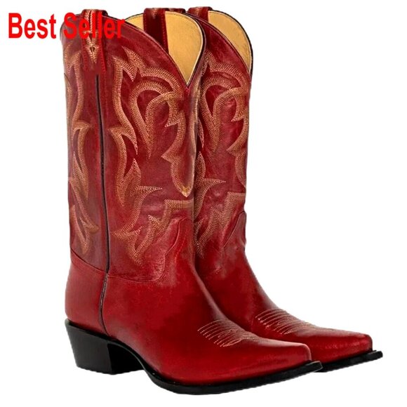 Shoes - Western Boots with 2 Inch Heel, Square Toe, Embroidered Pull-On Style